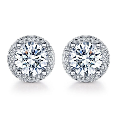 18k White Gold Plated Large CZ Center Stone Brilliant Cut Halo Stud Earrings
